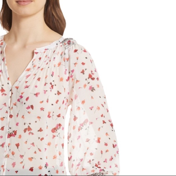 Joie Gontilda Silk Pink Floral Printed Semi Sheer Smocked Pintucked Blouse - M - Picture 3 of 16